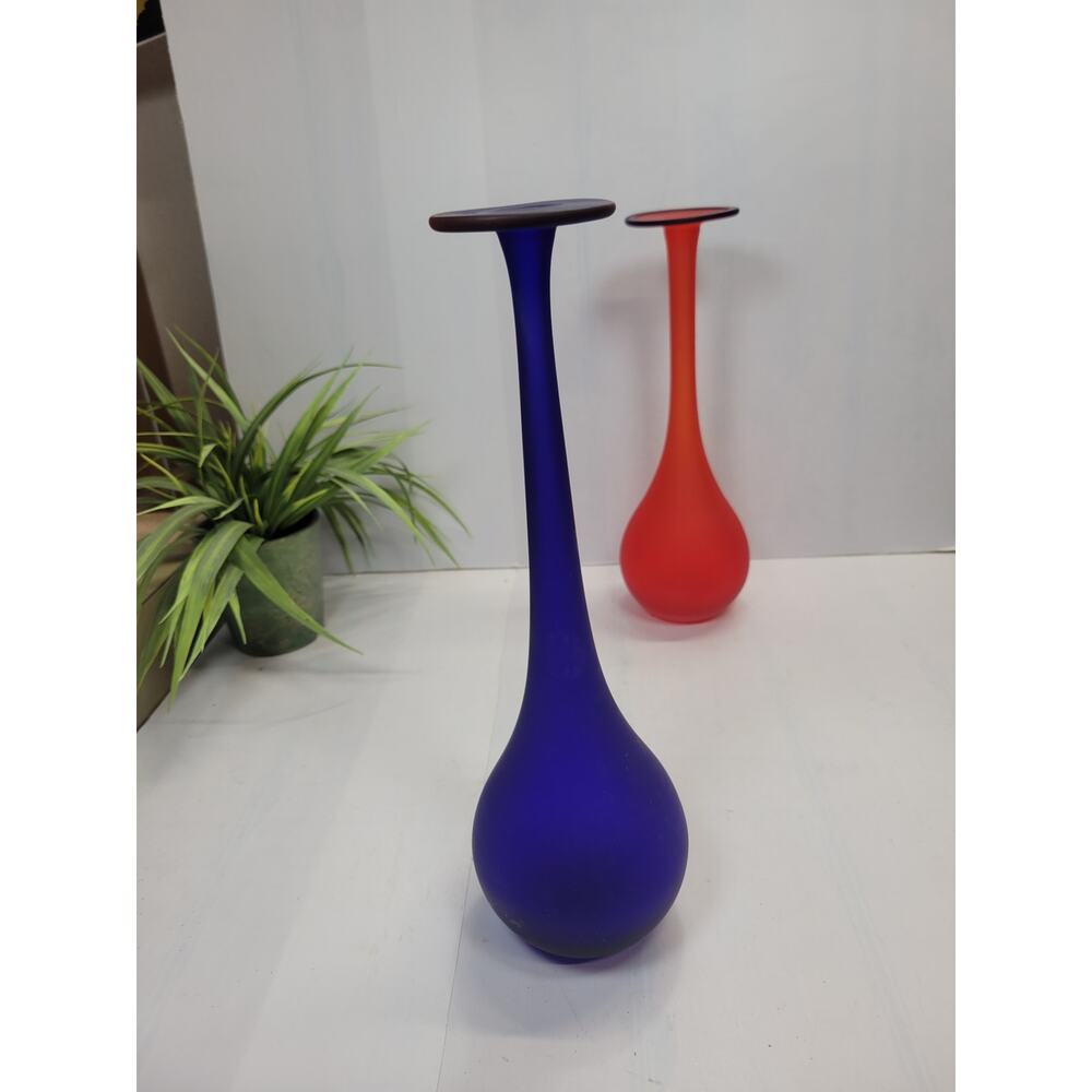 Vintage Pier 1 Imports Long Neck Bud Vases, Cobalt Blue Red Satin Glass Set - Picture 2 of 7